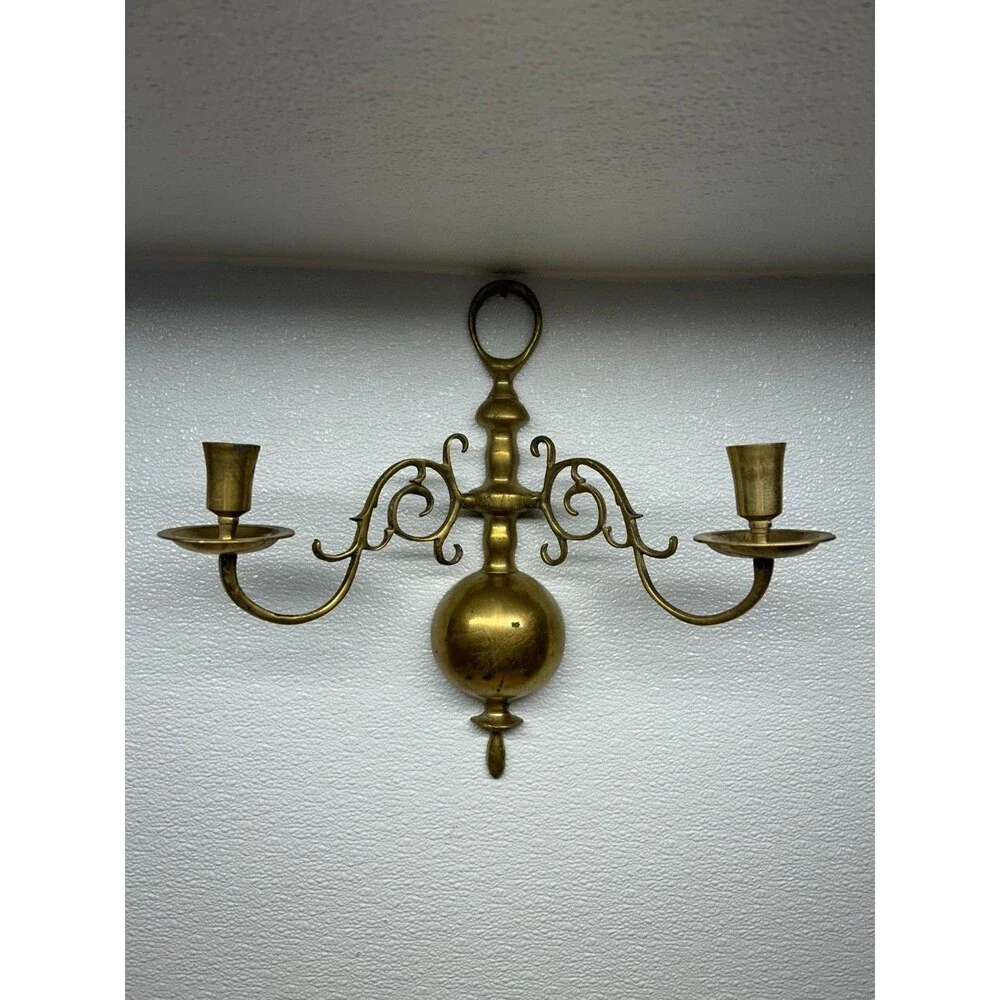 Vtg Solid Brass Double Arm Wall Sconse Candle Holder Dutch Colonial Style
